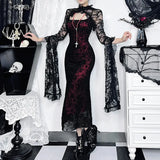 Vintage Gothic Blouse Sexy Cross Flocking Suspender Fishtail Skirt