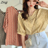Women Ins Plaid Summer Chic Retro Design V-neck Puff Sleeve Womens Shirts All-match Lovely Trendy College Girls