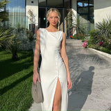 White Sheer Side Button Snap Maxi Dress-Outfit