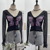 Shot Micro-Permeable Mesh Butterfly Print Splicing Lace Hanging Neck Horn Long-Sleeved T-Shirt Repair Short Top