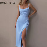 Women Solid Satin Button Decor High Slit Evening Dress Summer Dress Bodycon
