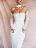 Double Layers Mesh Sexy Summer Dress Women 2022 Strapless Long Sleeve Bodycon Midi Dresses Solid Elegant Party