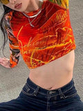 Patchwork Printed Mesh Long Sleeve Crop Top- Outfit