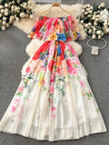Series Holiday Dress Women's 2024 New Design Feeling Printed Lotus Leaf Edge One Word Shoulder-Length Chiffon
