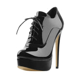 Onlymaker Women's Black Red Platform Ankle Boots High Heels Lace Up Patent leather Stiletto Sexy Lady Fashion Sexy