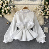 Zingj Shirt Female Design Sense Small Three-Dimensional Pressure Pleated Flounce Waist Show Thin Temperament Versatile