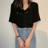 V-Neck Knitted Short-sleeved T-shirt Summer Korean Version 2022 New Loose And Thin Short All-match Bottoming