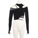 Autumn New Sexy Hollowed-Out Slim Long-Sleeved Street Trendsetter Asymmetrical Mesh Stitching Blouse