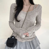 Color Simple Pit Strip Slimming Retro Fashion Single Bare Shoulder Long Sleeved Two-Piece Blouse 2024 Spring / Summer New