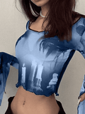 Cropped Flare Cuffs Mesh Blouse- Outfit