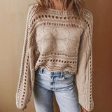 Women's 2025 Crochet Burqa Hollow Women's Long-Sleeved Round-Neck Short Top Beach