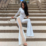 Patchwork Diamond Crystal Bodycon Jumpsuits Women One Shoulder Sexy Long Sleeve Flare Jumpsuit Clothes Streetwear