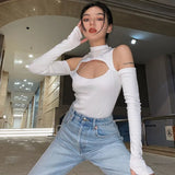 Fashion Women’s Long-sleeved Bodysuit Solid Color Hollow Off-shoulder Half High Collar