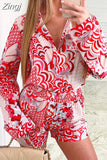 2pcs Beach Styles Satin Sets Women Fashion Scenery Pattern Button-down Shirts and Shorts 2023 New Summer Casual