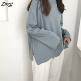Long Sleeve Solid Tees O-Neck Slit Side Popular 2XL Loose Lazy Daily All-match Kpop Womens Ulzzang Ins Hipster