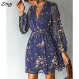 PETAL V-neck Chiffon A-Line Mini Dress Woman Navy Floral Sexy Long Sleeve Party Dress 2023 Spring Autumn Female