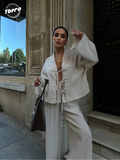 V Neck Hollow Out Lace Up Long Sleeved Shirt Set Women Causal Loose Solid Wide Leg Pants Suit New Ladies Street