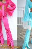 Women Fashion 2 Pcs Outfts Feather Trim Tie Knot Long Sleeved Outfits+High Waist Split Long Pants Suits