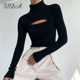 Long Sleeve 2020 Turtleneck Hollow Out T Shirt Women Black Basic Knitted Top Autumn Winter Casual Sexy Top Shirts