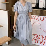 Korean Fashion Midi Dress Women Chic Elegant V-neck Cross Lace-up Solid Puff Sleeve Casual Dress Summer One Piece