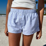 Style Simple Blue Striped Beach Shorts Loose Waist Sports Home Woven Casual
