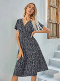 Printed Casual Beach Midi Dresses Women Summer V-neck Short Sleeve Empire Waist A-Line Dress Sundress Vestido Robes