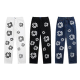 Autumn New High Street Flower Printed Jeans For Men And Women With High Waist And Thin Casual