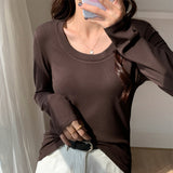 Threaded U-Collar Long-Sleeved Bottomed Shirt In Early Autumn New Plain Color Simple And Slim