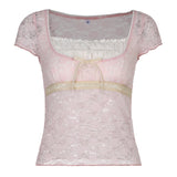 Street 2024 Spring New Blouse Tight Lace Pleated Square Tie Short-Sleeved Blouse