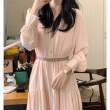 Spring New Women One Piece Fashion Elegant Long Sleeve Casual Pleated Midi Dresses With Belt Female Clothes