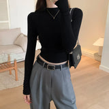 Girls Slim And Slim Long-Sleeved T-Shirt Women's Autumn New Half-High Collar Short Pleated Bottomed