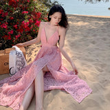 Zingj First Love Foreign Gas Lace Hollow Out Sexy Big Dew Back Deep Collar Long Money Big Place Dress Sanya Seaside