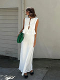 Women Elegant White Long Skirt Sets Fashion O-neck Sleeveless Lace Up Pleated Ruffles Vest Suits Summer Female Commuting