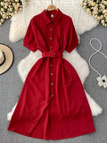 Vintage Green/Blue/Red Turn-Down Collar Single Breasted Dress Casual Short Sleeve High Waist A-Line Midi Robe New