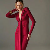 Pleated Tassel Long Sleeve Maxi Dress- Outfit