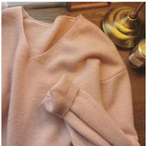 Zingj Autumn And Winter New Large Version Of Korean V-Collar Solid Color Lazy Breeze Loose Sweater