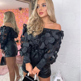 Off Shoulder womens tops and blouses Mesh Sheer Puff Sleeve Tops Summer 3D Flower Vintage White Women Shirt