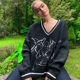 Fashion Loose Stripe Printed Knitted Sweater V Neck Autumn Winter Pullover Preppy Style Jumpers Sweater for