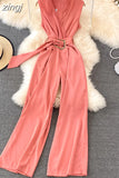 Vintage V-Neck Sleeveless High Waist Jumpsuits Women Elegant Loose Wide Leg Romper With Sashes Female Playsuits New