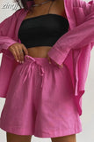 Sleeve Solid Green Shirt Casual Fashion Tops Summer Cotton Suit Two Piece Set Homewear Set Trousers Straight Shorts