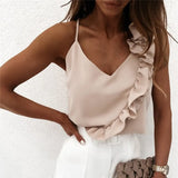 Summer Blouse Shirts Sexy V Neck Ruffle Blouses Backless Spaghetti Strap Office Ladies Sleeveless Casual