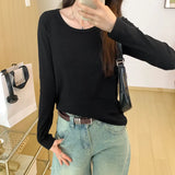 Color U-Collar Long-Sleeved T-Shirt Women's Early Autumn New Loose-Fitting Short Top Threaded Cotton Bottomed