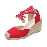 Summer New Large-Size Slopes And Women's Sandals Thick-Soled Buns Heel Heel Heel Tie Cloth Hemp Rope Sandals