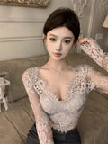 Hot Girl Lace Slim Fit T-shirt for Women's Autumn and Winter Pure Sexy V-neck Long-sleeved Top Fashion Female