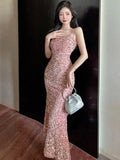 Pink Spaghetti Strap Sequin Sleeveless Open Back Long Dress 2023 Summer Party Dresses For