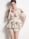 Flower Embroidery Lace Shorts Set Women Short Sleeve Hollow Out Ruffles Shirt Top+Wide Leg Shorts Summer 2 Piece