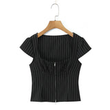 Striped Square Neck Short Sleeve Double Zipper Top-Outfit