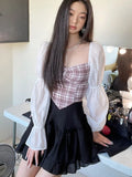 White Mini Skirt Women Lolita Vintage Elegant Double-layer Ruffles Patchwork High Waist A-line Cute Black Skirt
