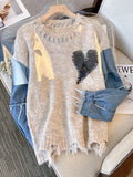 Women Sweater Patchwork Denim Long Sleeve O-Neck Loose Heart Chic Pullovers Simple Knitted Autumn Winter 2023 New Knit