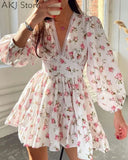 Floral Print Lantern Sleeve V Neck Lace Hem Ruched A-Line